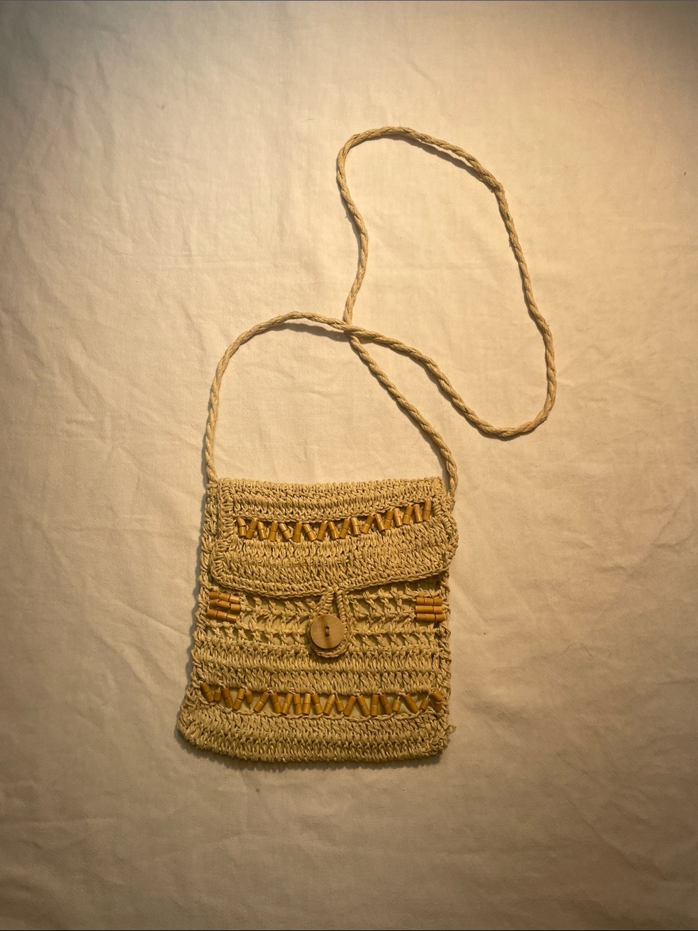 Handwoven Straw Crossbody Bag with Beading - Natural